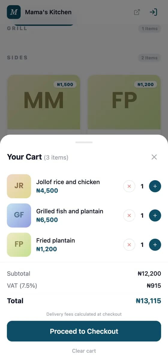 The guest's cart with three dishes, VAT and a checkout button
