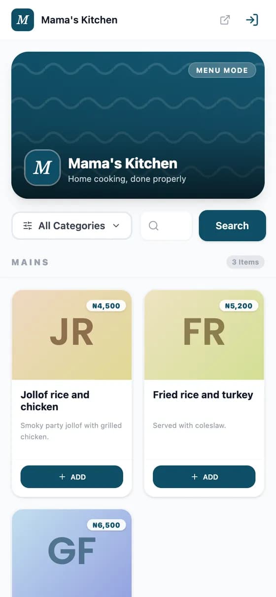 A restaurant's menu on a phone