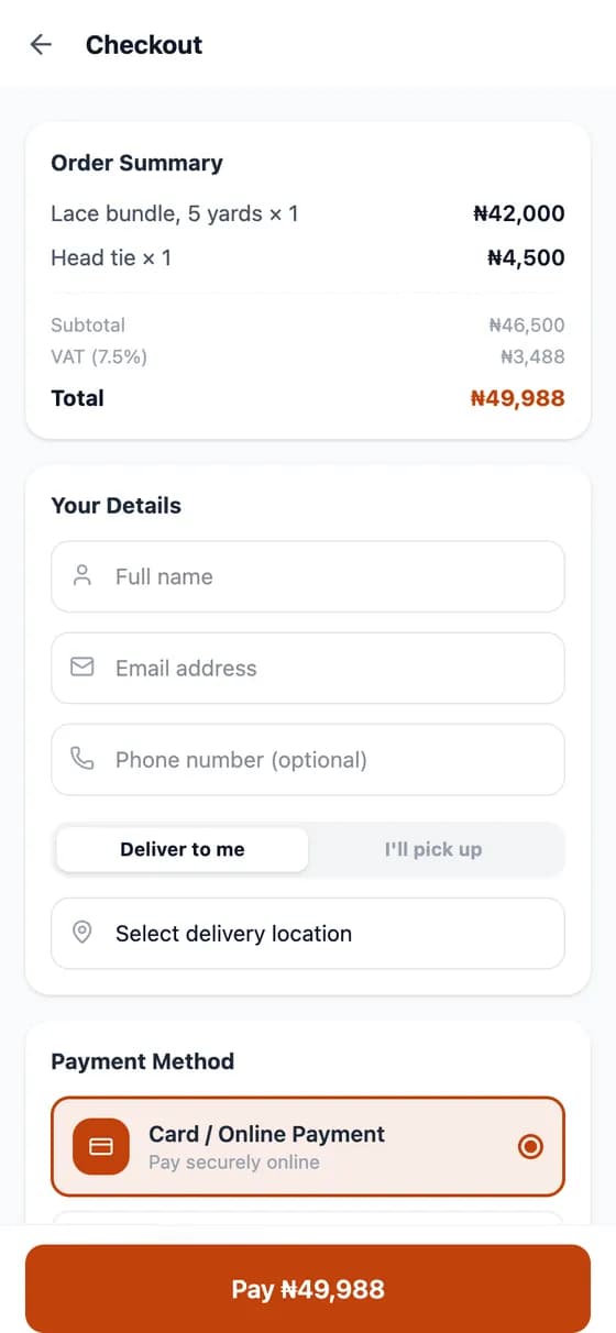 Checkout with order summary, delivery choice and payment method