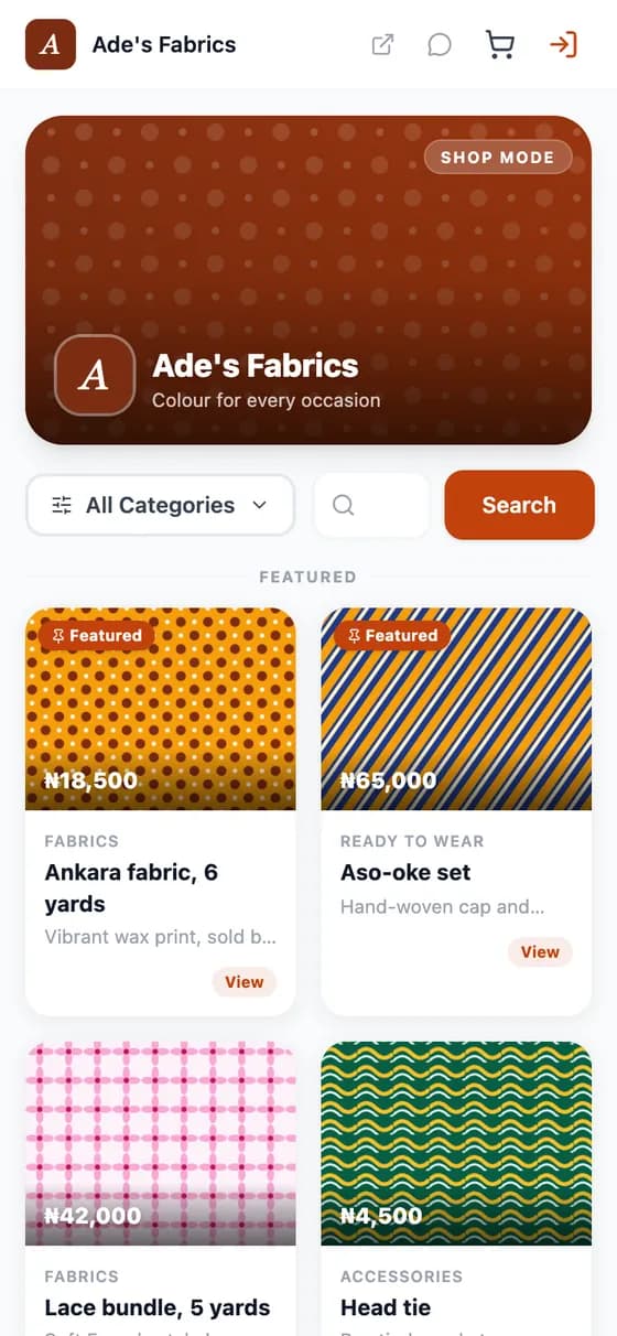 An online store on a phone with fabric products