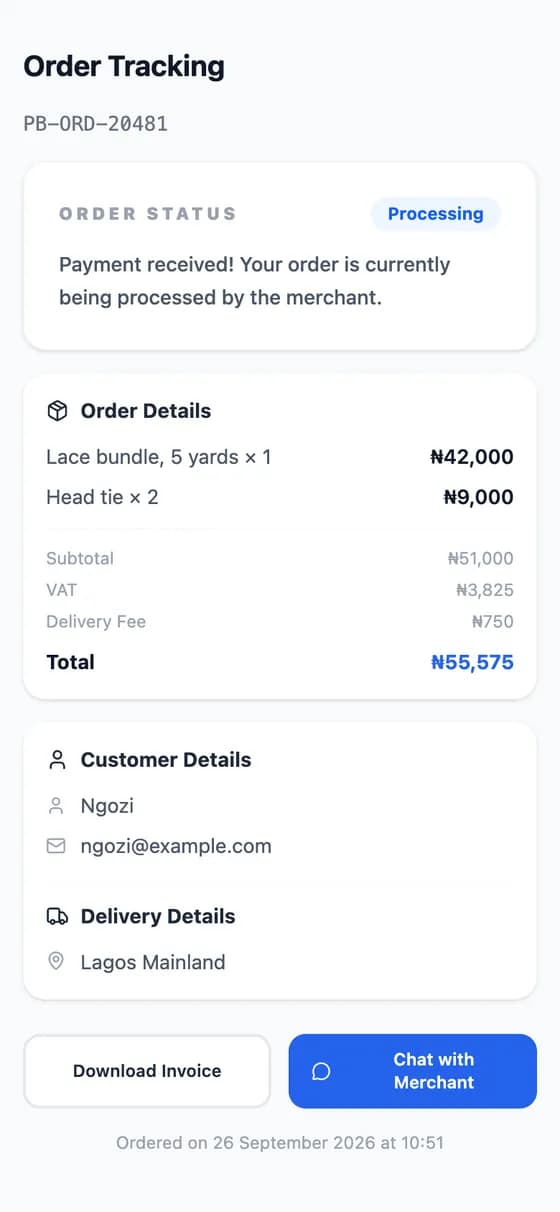Order tracking with status, items and delivery details
