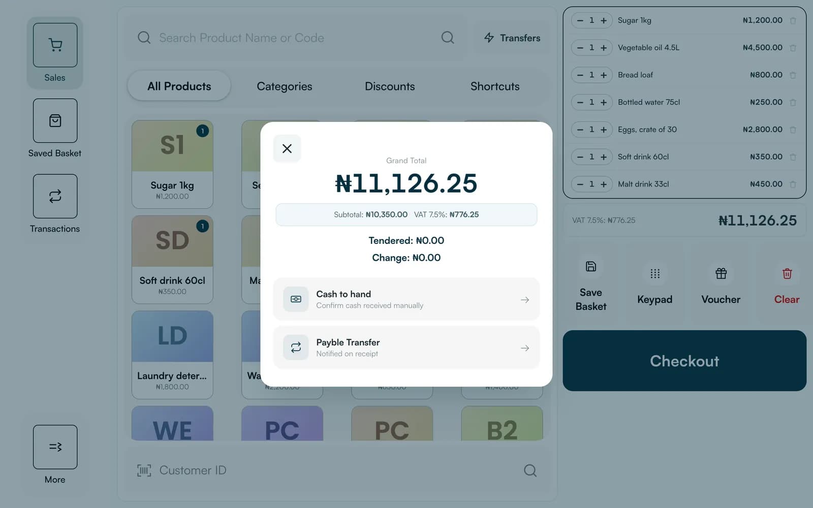 Till payment screen for a shop sale with the total and cash or transfer options