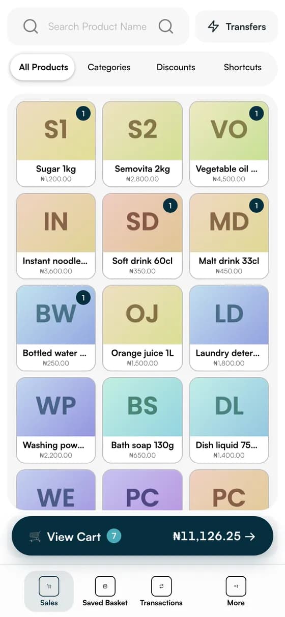 Till on a phone with product tiles and a View Cart bar