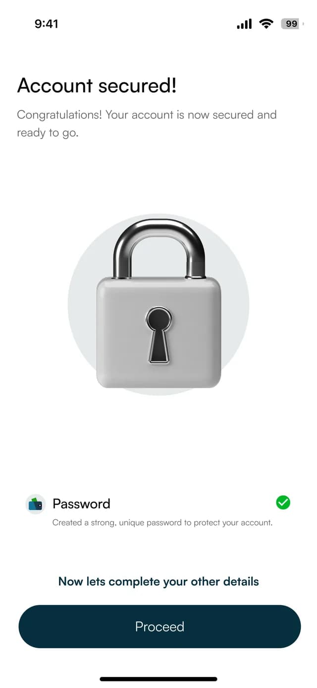The business app confirming that an account is secured with a password and a passcode