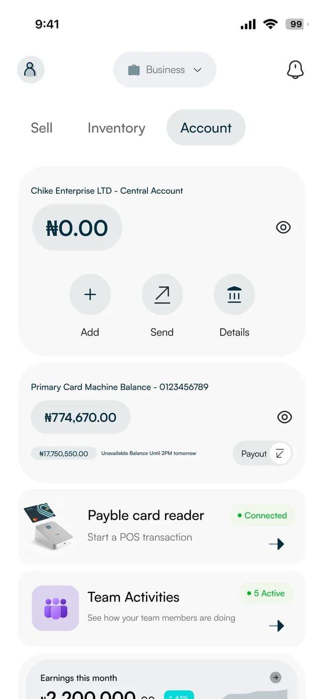 The business app home screen with the account balance, the card reader, team activity and earnings