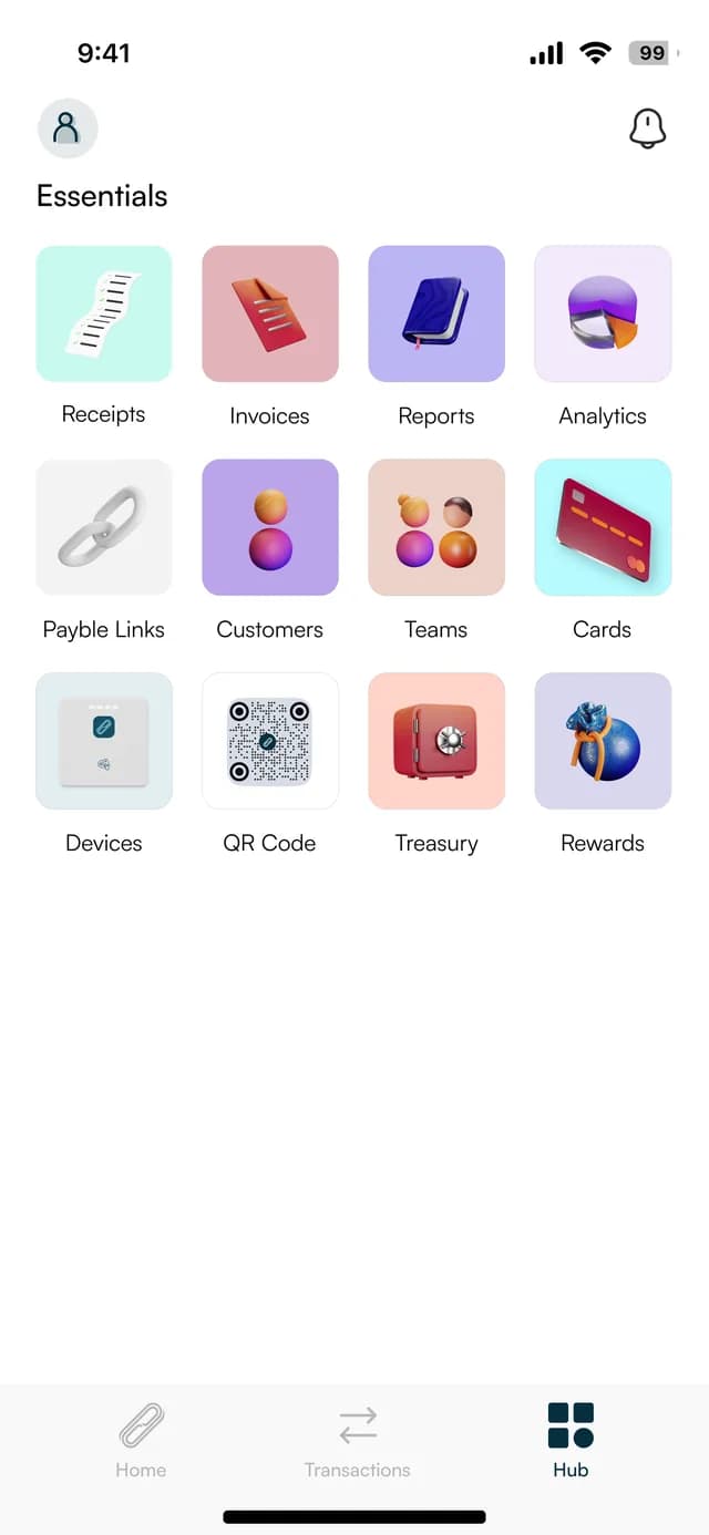 The business app hub with tiles for receipts, invoices, reports, analytics, payment links, customers, teams, cards, devices, QR codes, treasury and rewards