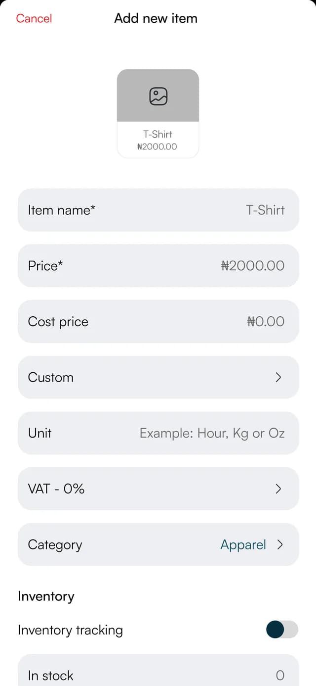 Add new item form with price, cost price, VAT, category and stock fields