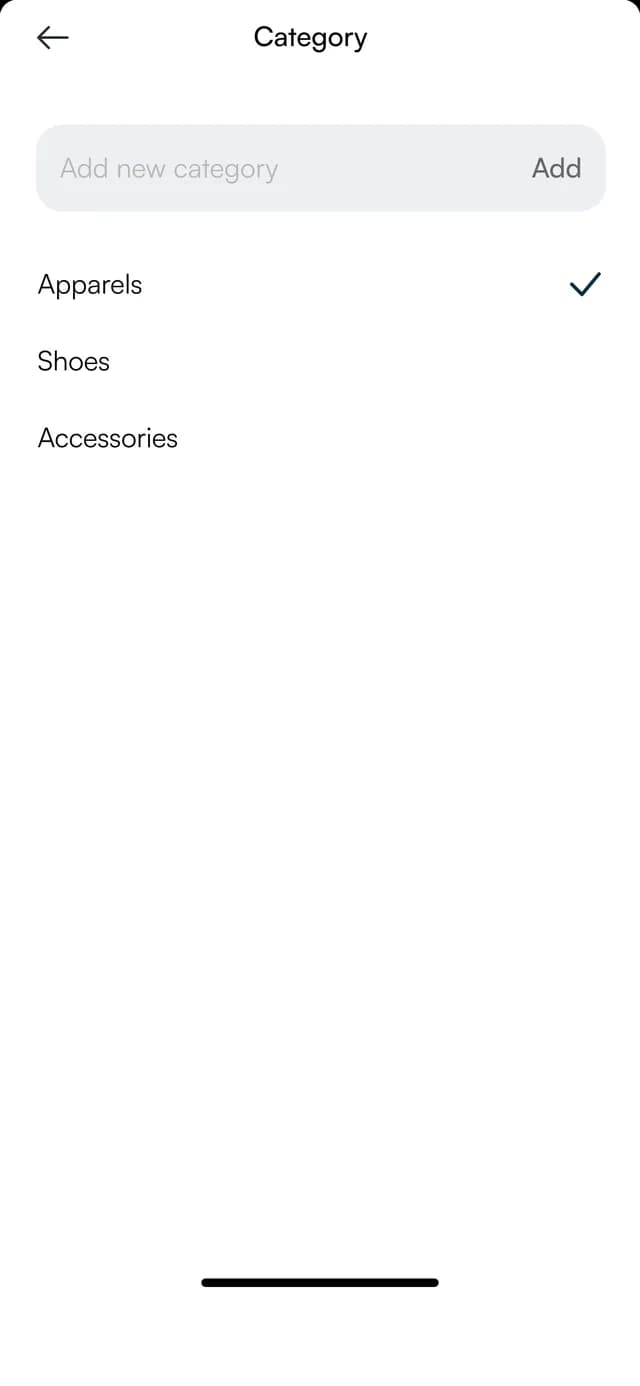 Category screen with a list of categories