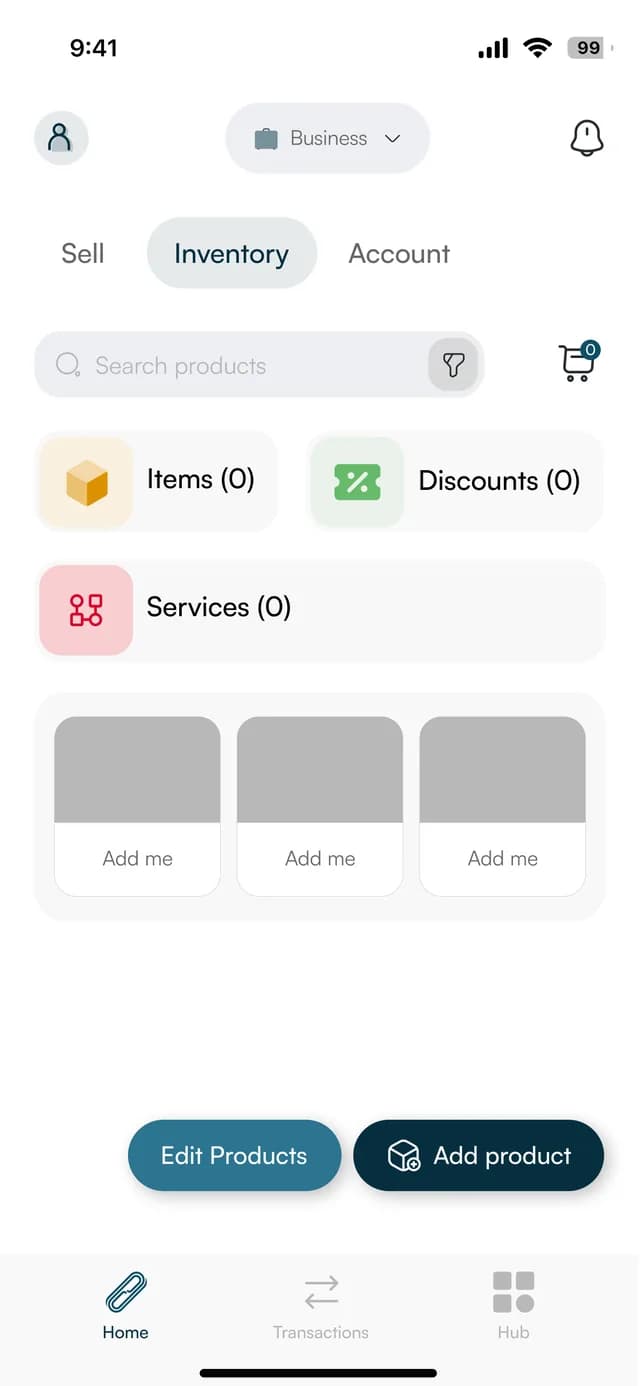 The business app's inventory screen with items, discounts and services