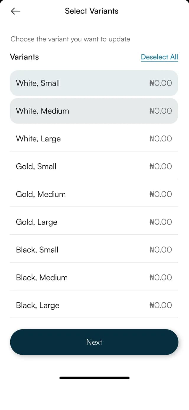 Select variants screen listing colour and size combinations