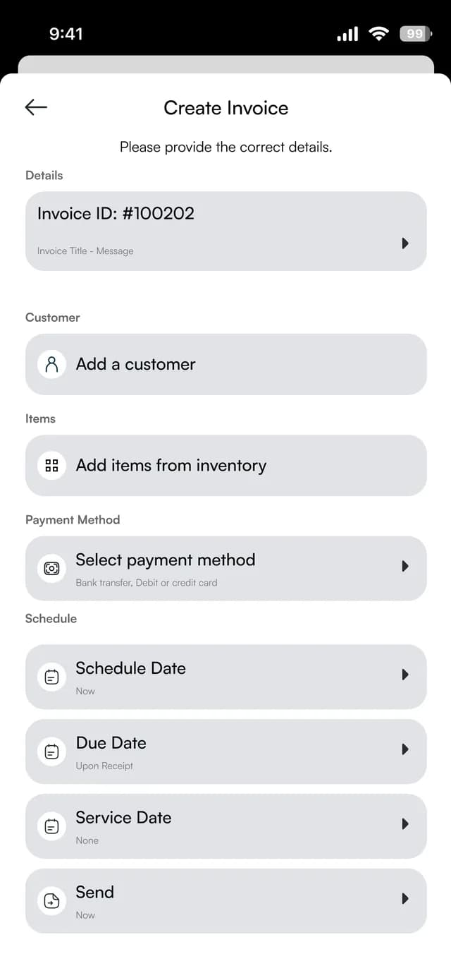 Create invoice screen with customer, items, payment method and schedule
