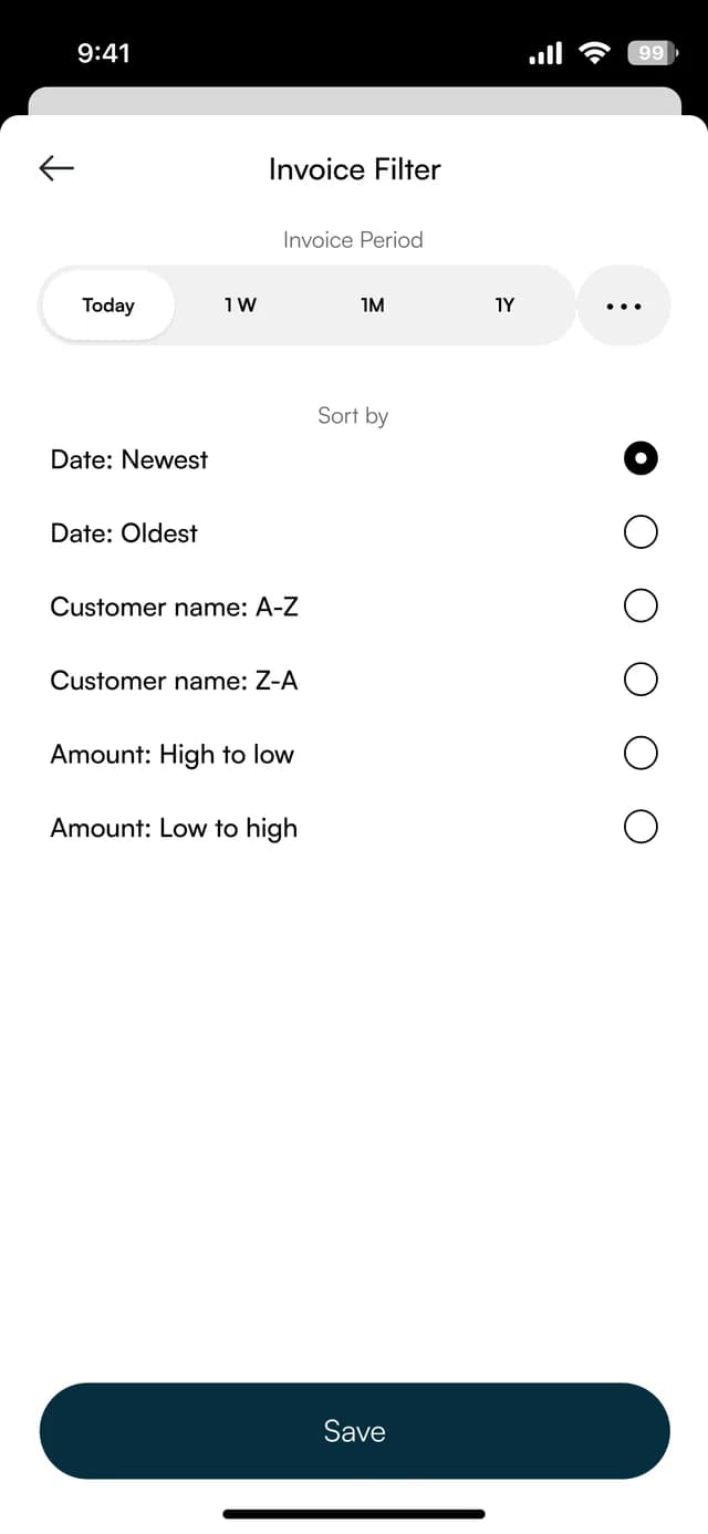 Invoice filter screen with period and sort options