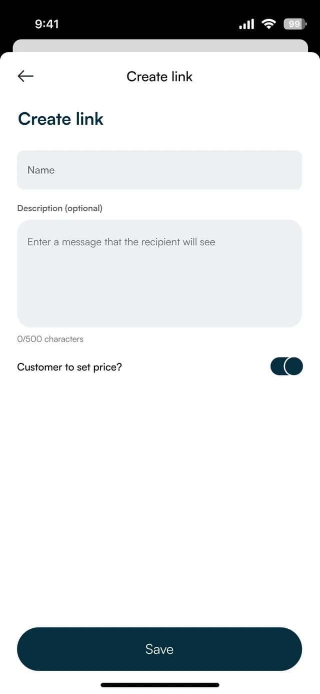 Create link screen with a name, a message and a set-price switch