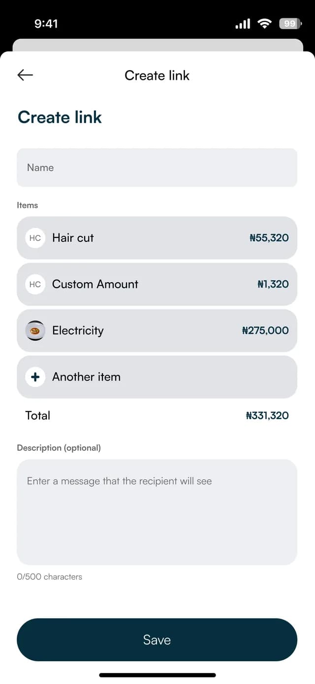 Create link screen listing items with prices and a total