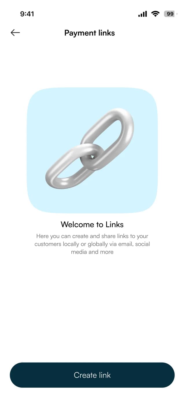 Welcome to Links screen with a chain illustration and a Create link button