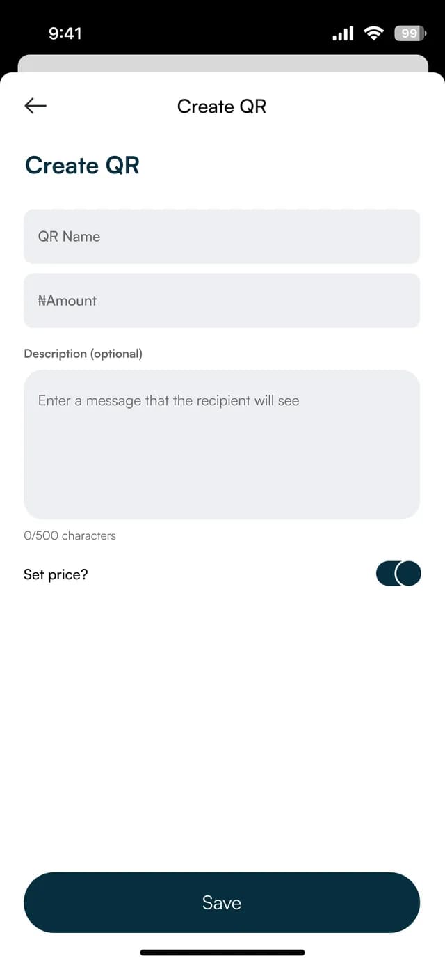 Create QR screen with name, amount, description and a set-price switch