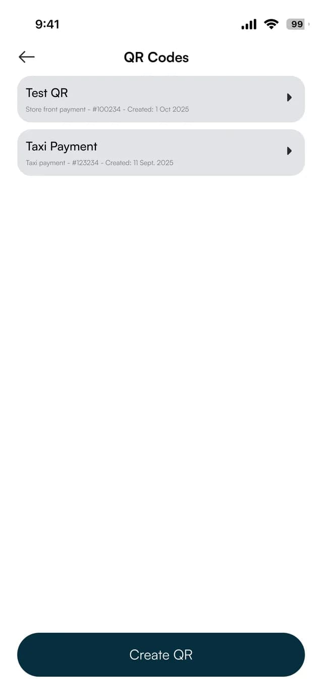 The business app's list of QR codes