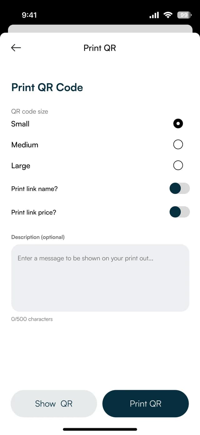 Print QR Code screen with size options and print switches