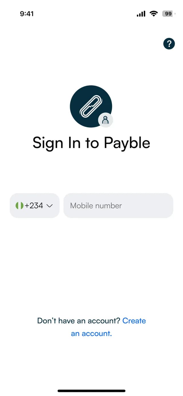Sign in screen asking for a mobile number