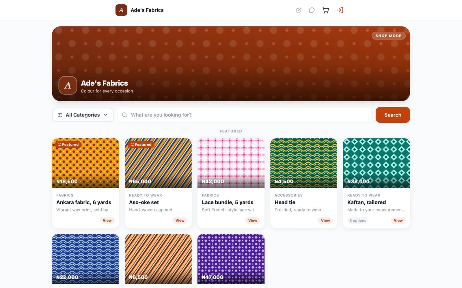 The storefront on a computer with a grid of products