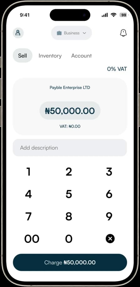 The business app charging a customer from a keypad